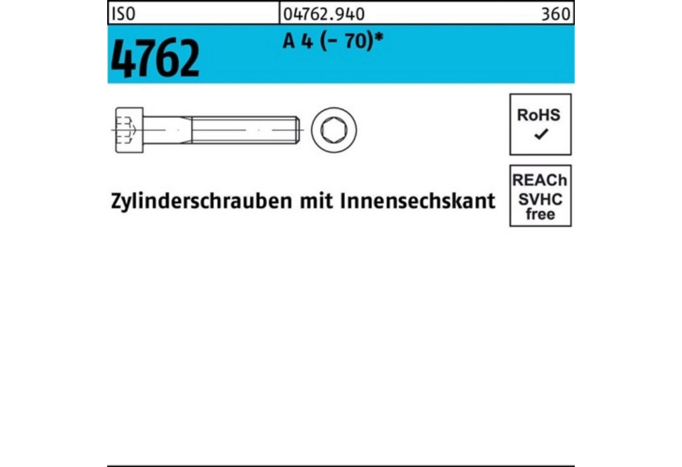 Reyher Zylinderschraube 100er Pack Zylinderschraube ISO 4762 Innen-6kt M10x 12 A 4 (70) 100 von Reyher