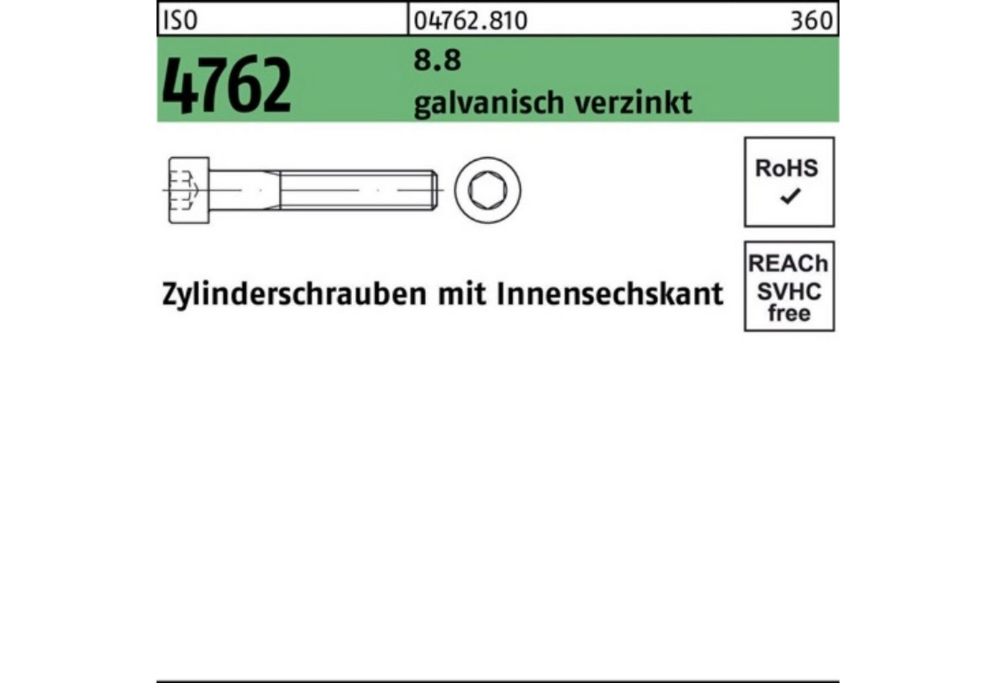 Reyher Zylinderschraube 100er Pack Zylinderschraube ISO 4762 Innen-6kt M10x220 8.8 galv.verz. von Reyher