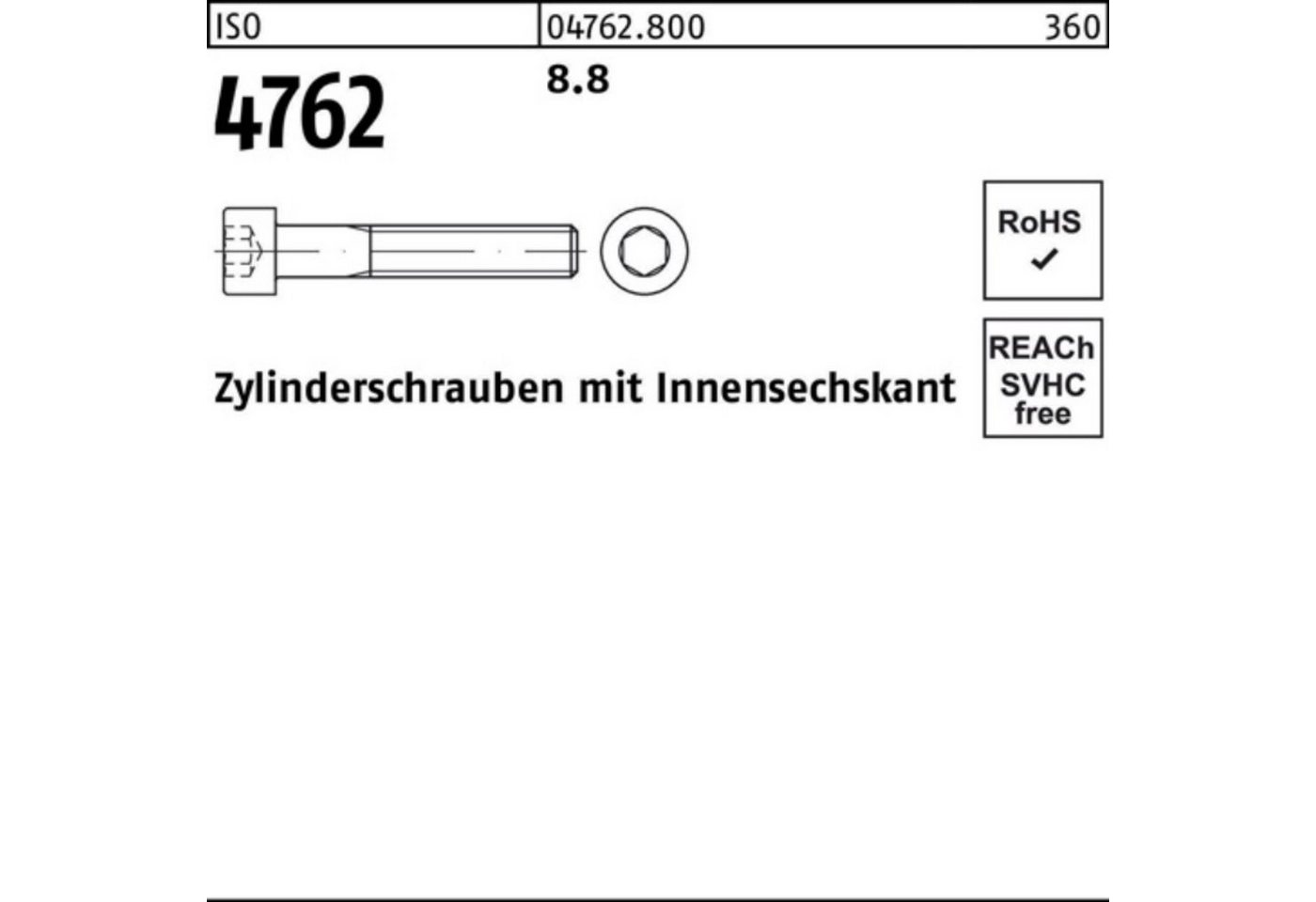 Reyher Zylinderschraube 100er Pack Zylinderschraube ISO 4762 Innen-6kt M12x 55 8.8 100 Stück von Reyher