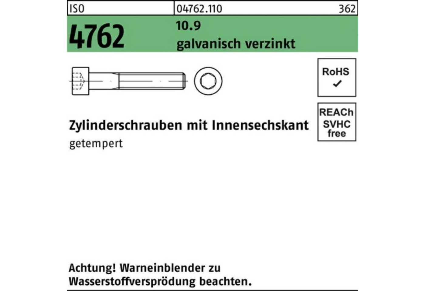 Reyher Zylinderschraube 100er Pack Zylinderschraube ISO 4762 Innen-6kt M12x130 10.9 galv.verz. von Reyher