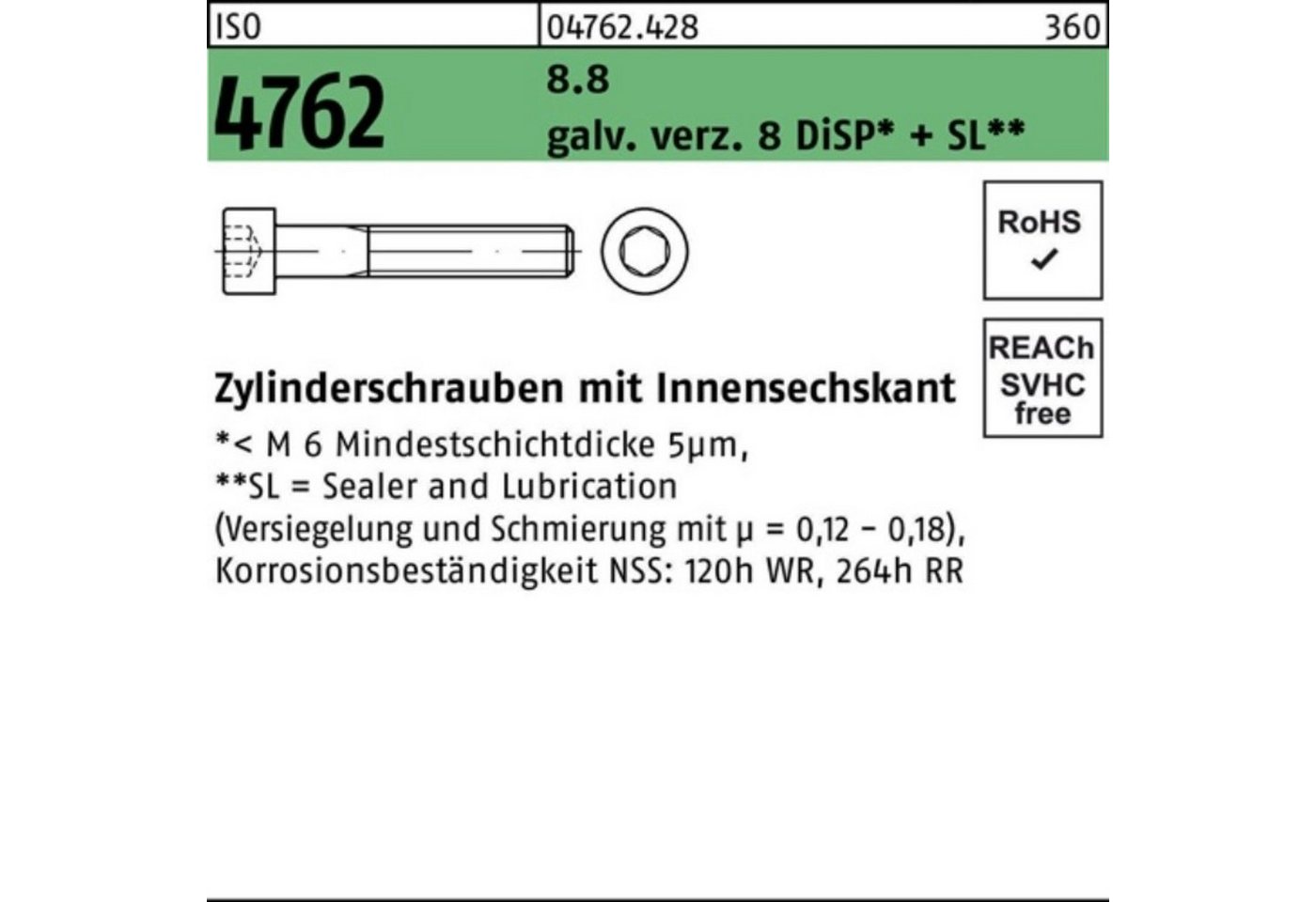 Reyher Zylinderschraube 100er Pack Zylinderschraube ISO 4762 Innen-6kt M20x55 8.8 galv.verz. 8 von Reyher