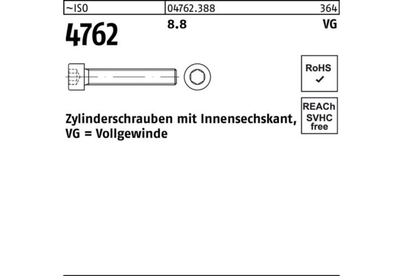 Reyher Zylinderschraube 100er Pack Zylinderschraube ISO 4762 Innen-6kt VG M10x 70 8.8 100 Stü von Reyher