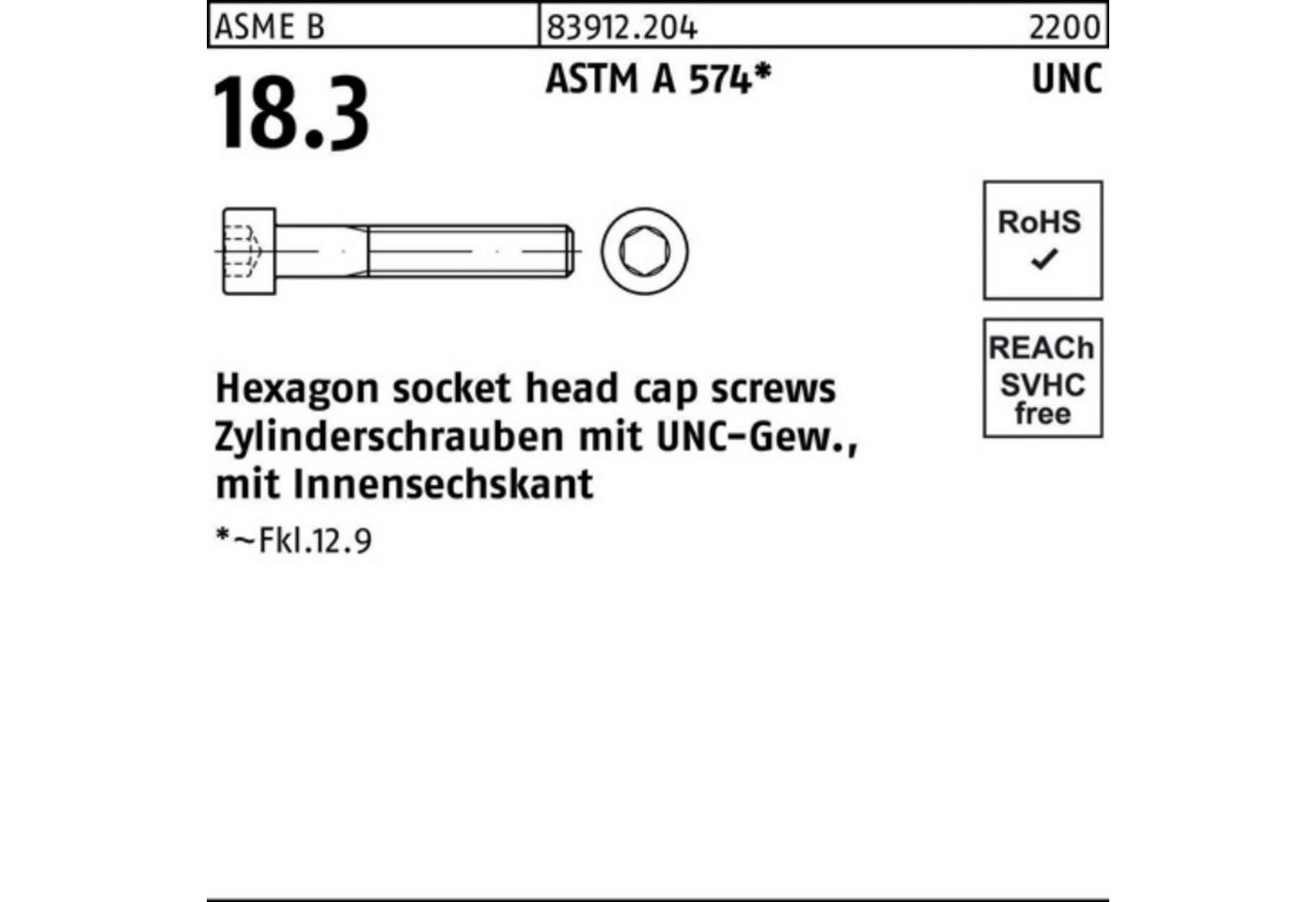 Reyher Zylinderschraube 100er Pack Zylinderschraube R 83912 UNC-Gewinde/Innen-6kt 7/8x 3 1/4 A von Reyher