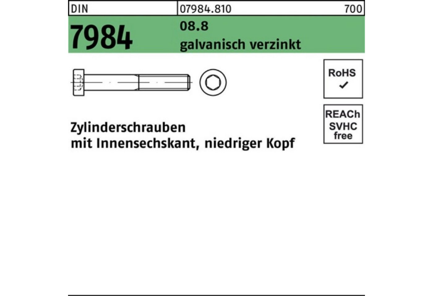 Reyher Zylinderschraube 200er Pack Zylinderschraube DIN 7984 Innen-6kt M8x60 8.8 galv.verz. 20 von Reyher