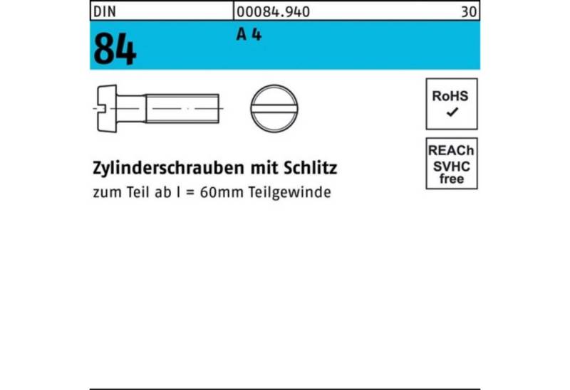 Reyher Zylinderschraube 200er Pack Zylinderschraube DIN 84/ISO 1207 Schlitz M5x 16 A 4 200 St von Reyher