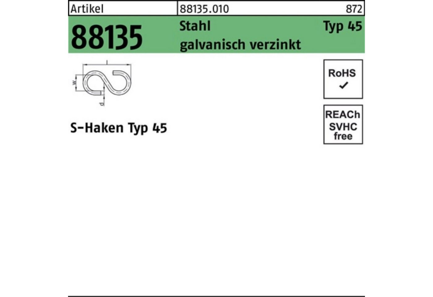 Reyher S-Haken 100er Pack S-Haken R 88135 Typ 45 25x 8x 2,3 Stahl galv.verz. 100 Stü von Reyher
