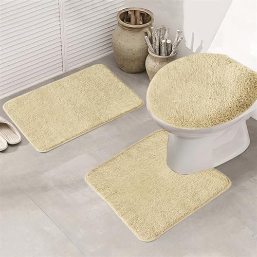 Reyox Badematten rutschfest, Weiche Mikrofaser Badvorleger Waschbar, Badezimmerteppich WC Vorleger Beige Set 3 Teilig von Reyox