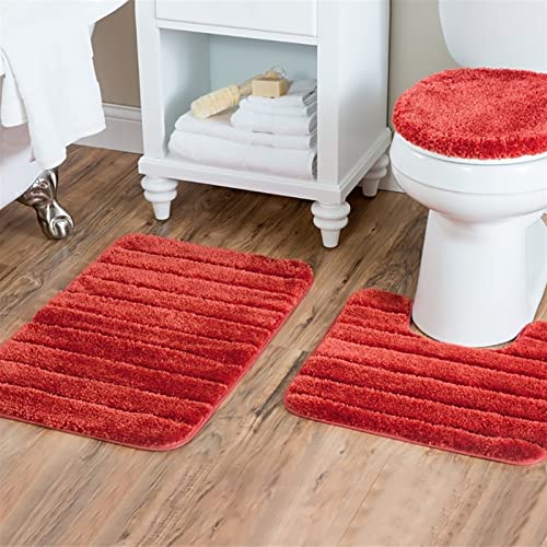 Reyox Badematten rutschfest, Weiche Mikrofaser Badvorleger Waschbar, Badezimmerteppich WC Vorleger Gestreift Orange Rot Set 3 Teilig von Reyox