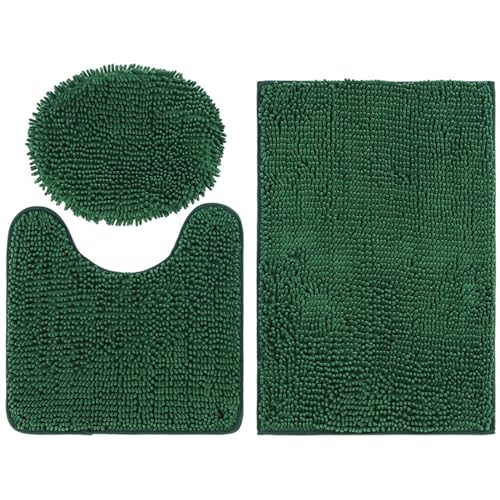 Reyox Badezimmerteppich Set 3 Teilig rutschfest Waschbar, Chenille Absorbierende Badematte Dunkelgrün von Reyox