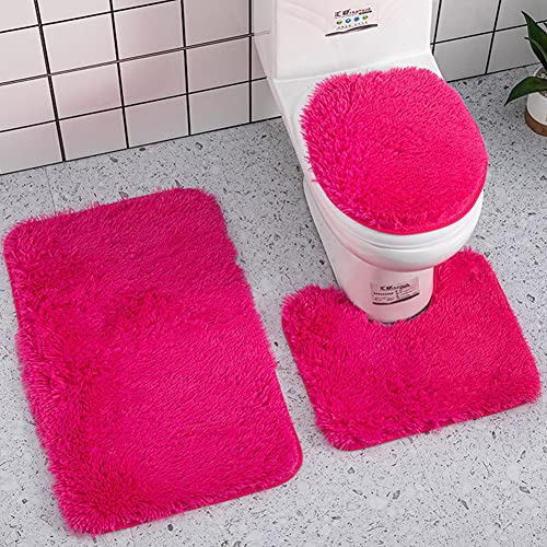 Reyox Badvorleger Set 3 Teilig, Weiche Hochflor Badematte rutschfest, Mikrofaser Flauschig Badteppich für Toilett WC Badezimmer Fuchsie 3 STK von Reyox