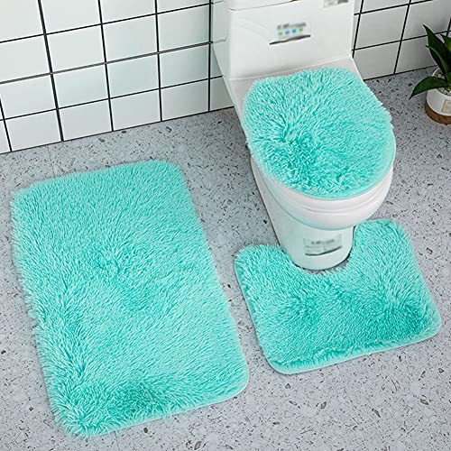 Reyox Badvorleger Set 3 Teilig, Weiche Hochflor Badematte rutschfest, Mikrofaser Flauschig Badteppich für Toilett WC Badezimmer Hellblau 3 STK von Reyox