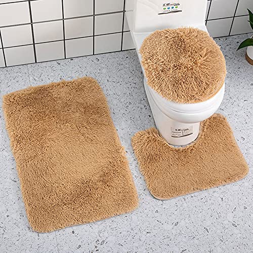 Reyox Badvorleger Set 3 Teilig, Weiche Hochflor Badematte rutschfest, Mikrofaser Flauschig Badteppich für Toilett WC Badezimmer Kamel 3 STK von Reyox