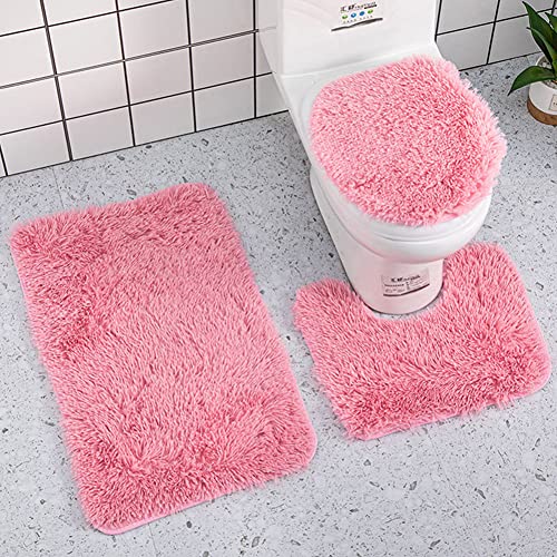 Reyox Badvorleger Set 3 Teilig, Weiche Hochflor Badematte rutschfest, Mikrofaser Flauschig Badteppich für Toilett WC Badezimmer Rosa 3 STK von Reyox