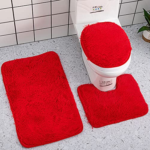 Reyox Badvorleger Set 3 Teilig, Weiche Hochflor Badematte rutschfest, Mikrofaser Flauschig Badteppich für Toilett WC Badezimmer Rot 3 STK von Reyox