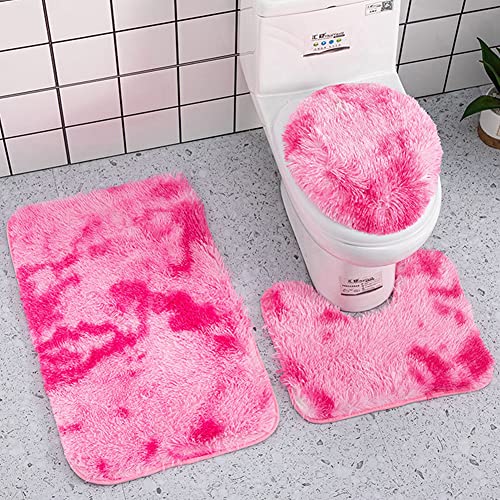 Reyox Badvorleger Set 3 Teilig, Weiche Hochflor Badematte rutschfest, Mikrofaser Flauschig Badteppich für Toilett WC Badezimmer Tie Dye Fuchsie 3 STK von Reyox