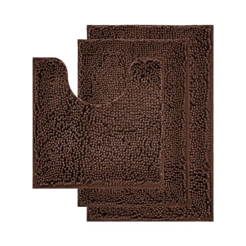 Reyox Chenille Badezimmerteppich Set 3 Teilig, Badvorleger rutschfest Waschbar, Weicher Absorbierende Badematte Braun 2 von Reyox