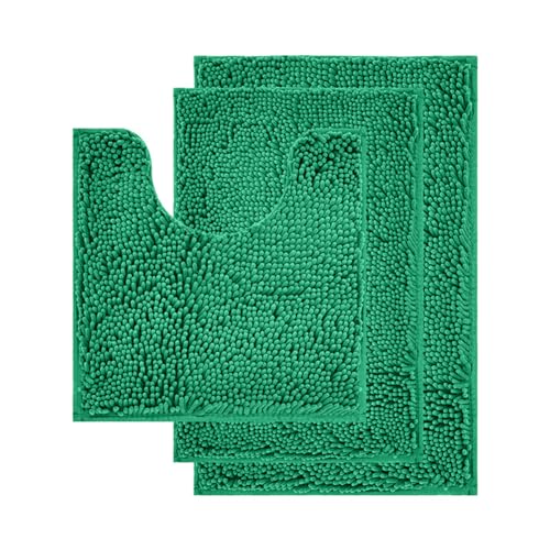 Reyox Chenille Badezimmerteppich Set 3 Teilig, Badvorleger rutschfest Waschbar, Weicher Absorbierende Badematte Jadegrün von Reyox