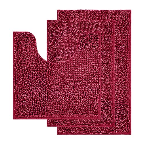 Reyox Chenille Badezimmerteppich Set 3 Teilig, Badvorleger rutschfest Waschbar, Weicher Absorbierende Badematte Weinrot von Reyox