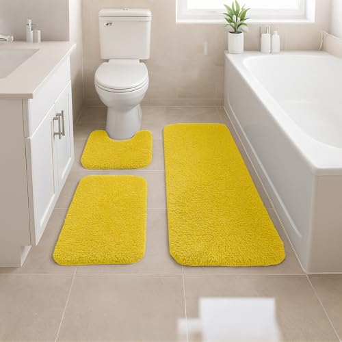 Reyox Luxuriöses 3 Teiliges Badezimmerteppich Set, mit Dicker Plüsch Badematte, Rutschfestem U Förmigem Toilettenmatte, Gelb, 40x60cm + 40x80cm + U 38x40cm von Reyox