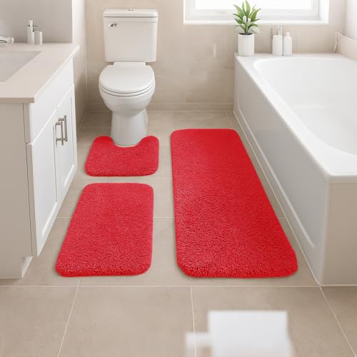 Reyox Luxuriöses 3 Teiliges Badezimmerteppich Set, mit Dicker Plüsch Badematte, Rutschfestem U Förmigem Toilettenmatte, Rot, 40x60cm + 40x80cm + U 38x40cm von Reyox