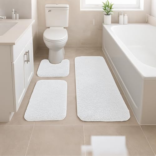 Reyox Luxuriöses 3 Teiliges Badezimmerteppich Set, mit Dicker Plüsch Badematte, Rutschfestem U Förmigem Toilettenmatte, Weiß, 40x60cm + 40x80cm + U 38x40cm von Reyox