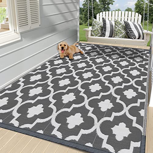 Reyox Outdoor Teppich Wetterfester Teppich Flachgewebe Picknickdecken Geometrische Reversibel Terrassenteppich Bodenmatte Teppich Marokkanisches Gitter Grau Weiß 180x270cm von Reyox