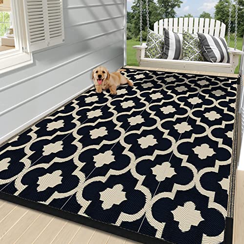 Reyox Outdoor Teppich Wetterfester Teppich Flachgewebe Picknickdecken Geometrische Reversibel Terrassenteppich Bodenmatte Teppich Marokkanisches Gitter Schwarz Beige 180x270cm von Reyox