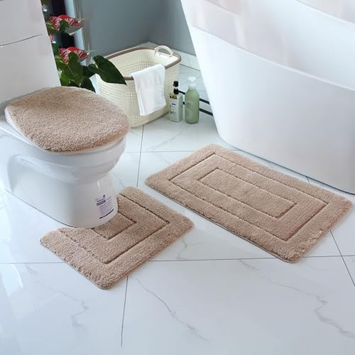 Reyox Plüsch Badezimmerteppich Set 3 Teilig, Saugfähig & Dicker Toilettendeckelbezug aus Mikrofaser, Badteppich rutschfest, Khaki, 50x80cm + U 50x40cm + Deckel 39x44cm von Reyox