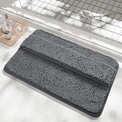Reyox Saugfähige Chenille Badezimmerteppiche, Dicke Badematte für Dusche, Plüsch Fußmatte rutschfest, Dunkelgrau, 60x90cm von Reyox
