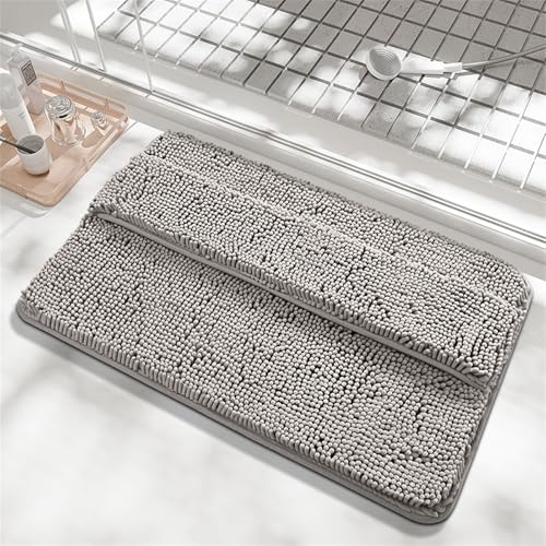Reyox Saugfähige Chenille Badezimmerteppiche, Dicke Badematte für Dusche, Plüsch Fußmatte rutschfest, Hellgrau, 60x90cm von Reyox