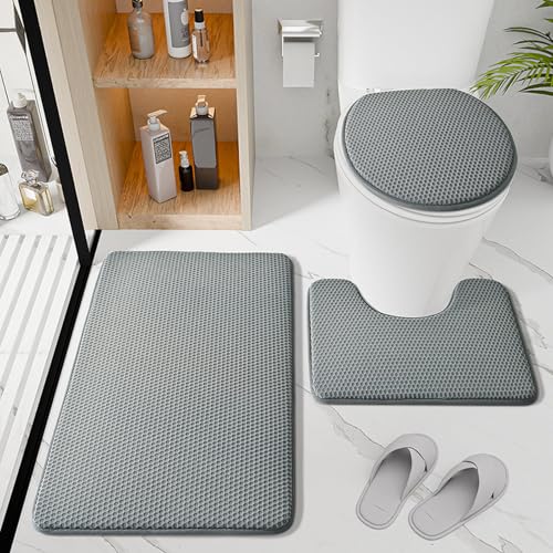 Reyox Saugfähiges 3 Teiliges Badezimmerteppich Set, mit Atmungsaktivem Netz Toilettenbezug, Rutschfester U Förmiger Badteppich, Grau, 50x80cm + U 50x40cm + Deckel 38x42cm von Reyox