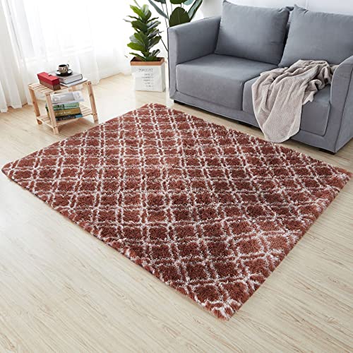 Reyox Shaggy Teppich Hochflor Langflor, Teppiche Modern rutschfest Pflegeleicht für Wohnzimmer Schlafzimmer Bettvorleger Geometrisch Braun Weiß 140 x 200 cm von Reyox