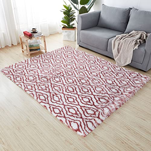 Reyox Shaggy Teppich Hochflor Langflor, Teppiche Modern rutschfest Pflegeleicht für Wohnzimmer Schlafzimmer Bettvorleger Rhombisch Rot Weiß 120 x 200 cm von Reyox