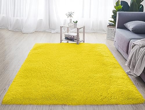 Reyox Shaggy Teppich Hochflor Langflor, Teppiche Uni Farben rutschfest Pflegeleicht für Wohnzimmer Schlafzimmer Bettvorleger Gelb 50 x 80 cm von Reyox
