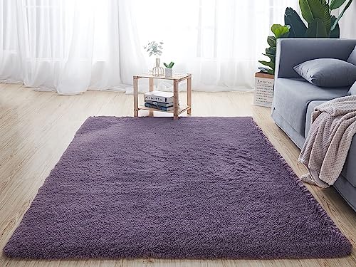 Reyox Shaggy Teppich Hochflor Langflor, Teppiche Uni Farben rutschfest Pflegeleicht für Wohnzimmer Schlafzimmer Bettvorleger Grau Violett 100 x 160 cm von Reyox