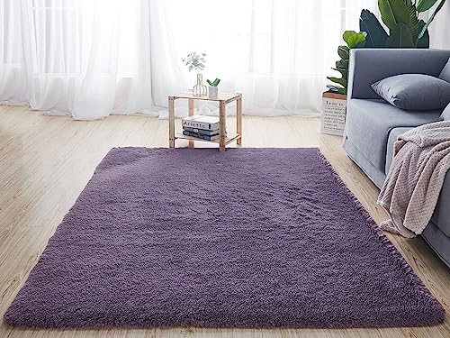 Reyox Shaggy Teppich Hochflor Langflor, Teppiche Uni Farben rutschfest Pflegeleicht für Wohnzimmer Schlafzimmer Bettvorleger Grau Violett 60 x 120 cm von Reyox