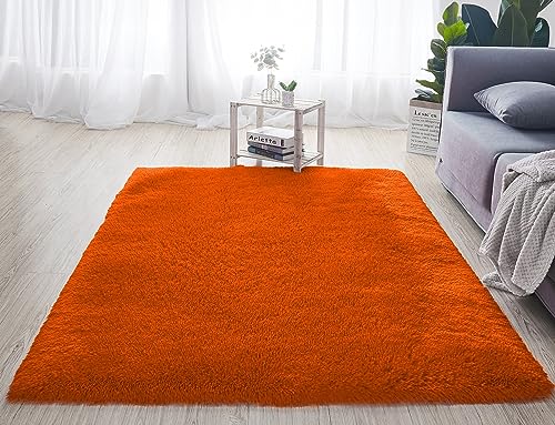 Reyox Shaggy Teppich Hochflor Langflor, Teppiche Uni Farben rutschfest Pflegeleicht für Wohnzimmer Schlafzimmer Bettvorleger Orange 50 x 120 cm von Reyox