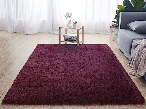 Reyox Shaggy Teppich Hochflor Langflor, Teppiche Uni Farben rutschfest Pflegeleicht für Wohnzimmer Schlafzimmer Bettvorleger Weinrot 140 x 200 cm von Reyox