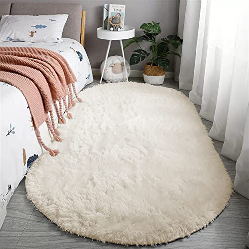 Reyox Teppich Oval Hochflor Shaggy rutschfest Pflegeleicht, Flauschig Weich Langflor Teppich für Wohnzimmer Schlafzimmer Bettvorleger Beige 120 x 160 cm von Reyox