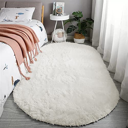 Reyox Teppich Oval Hochflor Shaggy rutschfest Pflegeleicht, Flauschig Weich Langflor Teppich für Wohnzimmer Schlafzimmer Bettvorleger Elfenbeinweiß 120 x 160 cm von Reyox