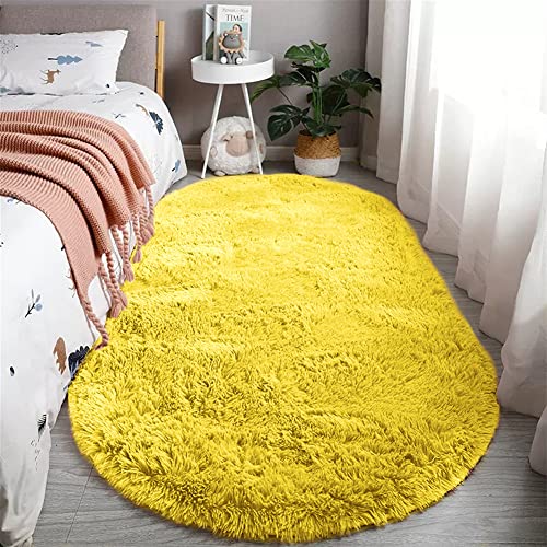 Reyox Teppich Oval Hochflor Shaggy rutschfest Pflegeleicht, Flauschig Weich Langflor Teppich für Wohnzimmer Schlafzimmer Bettvorleger Gelb 60 x 160 cm von Reyox