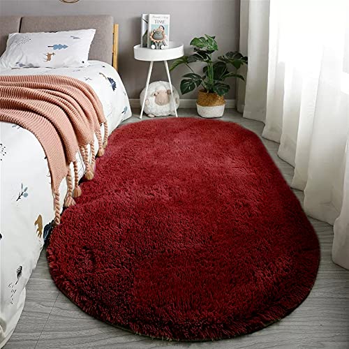 Reyox Teppich Oval Hochflor Shaggy rutschfest Pflegeleicht, Flauschig Weich Langflor Teppich für Wohnzimmer Schlafzimmer Bettvorleger Weinrot 50 x 120 cm von Reyox