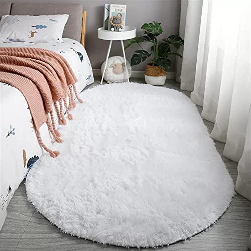 Reyox Teppich Oval Hochflor Shaggy rutschfest Pflegeleicht, Flauschig Weich Langflor Teppich für Wohnzimmer Schlafzimmer Bettvorleger Weiß 100 x 160 cm von Reyox