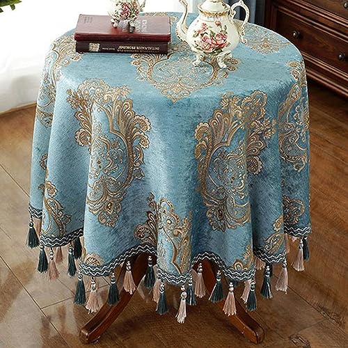 Reyox Tischdecke Jacquard Baumwolle Leinen Tischwäsche mit Quasten Eingefasst für Home Küche Dekoration Blau 2 160 cm Rund von Reyox