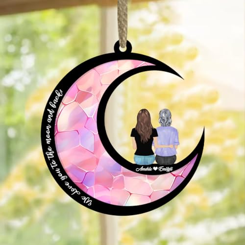 Personalisierte Mutter und Tochter auf dem Mondfenster hängen Suncatcher Ornament, benutzerdefinierte Name Mütter Tag Suncatcher Dekor, Mama Sun Catcher Geschenke von Reyrijf