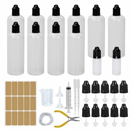 10 Stk Liquid Flaschen 120ml,Tropfflasche 2x10ml Dropper Bottle Quetschflaschen Leer Plastikflaschen Reiseflasche mit Kindersicherung Ersatzdeckel Inkl. Messbecher Trichter Spritzen Flachzange (120ml) von Reyshin