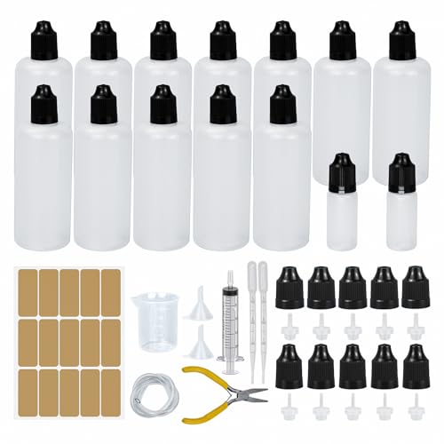 12 Stk Liquid Flaschen 100ml,Tropfflasche 2x10ml Dropper Bottle Quetschflaschen Leer Plastikflaschen Reiseflasche mit Kindersicherung Ersatzdeckel Inkl. Messbecher Trichter Spritzen Flachzange (100ml) von Reyshin