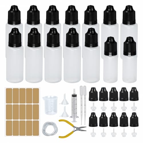 12 Stk Liquid Flaschen 20ml,Tropfflasche 2x10ml Dropper Bottle Quetschflaschen Leer Plastikflaschen Reiseflasche mit Kindersicherung Ersatzdeckel Inkl. Messbecher Trichter Spritzen Flachzange (20ml) von Reyshin