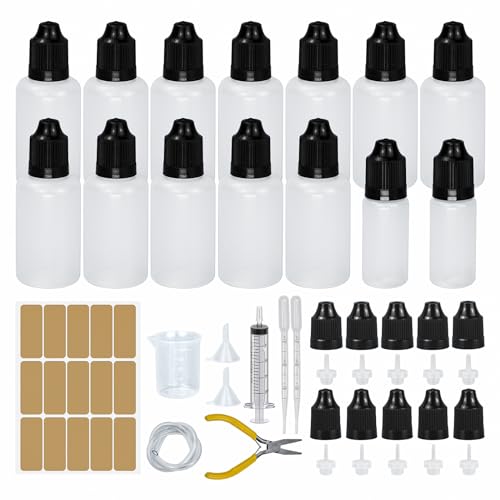 12 Stk Liquid Flaschen 30ml,Tropfflasche 2x10ml Dropper Bottle Quetschflaschen Leer Plastikflaschen Reiseflasche mit Kindersicherung Ersatzdeckel Inkl. Messbecher Trichter Spritzen Flachzange (30ml) von Reyshin