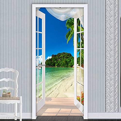 Rgdrh Türtapete Selbstklebend Türposter 3D Aufkleber Fenster Strand Meer Fototapete PVC Selbstklebende Tür Aufkleber Wohnzimmer Schlafzimmer Tapeten Wohnkultur 77X200Cm von Rgdrh